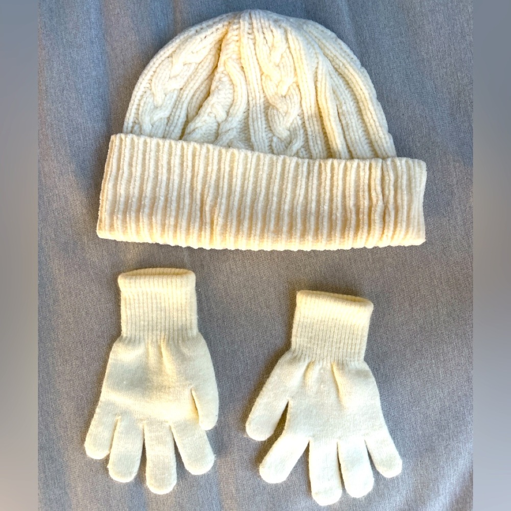 Soft Cozy Cream Knit Hat and Gloves Set for Kids or petites Ivory